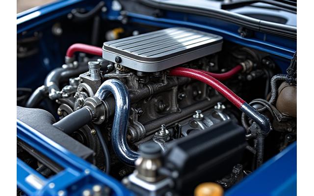 Detail shot of a meticulously tuned Subaru EJ20 rally engine bay with custom piping